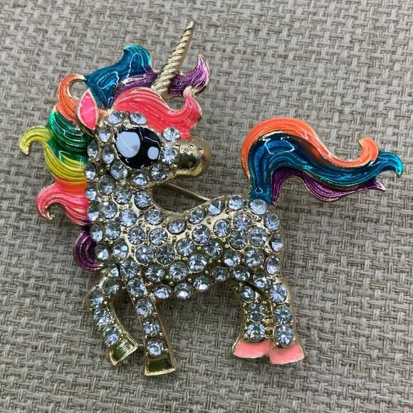 Source Unknown Jewelry - Unicorn Rainbow Enamel Rhinestone Gold Tone Brooch Pin